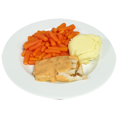 Koolvisfilet gepocheerd Veron vissaus Wortelen Aardappelpuree